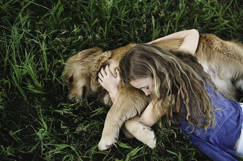 草原で寝ころぶ少女と犬